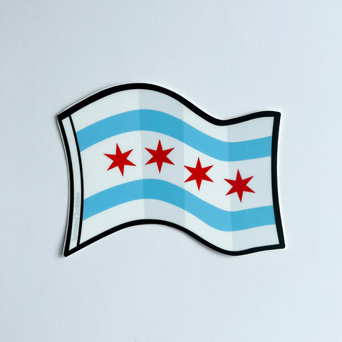 A sticker representing the Chicago flag, featuring horizontal stripes in blue, white, and red with a white crescent and a blue star on the white stripe.