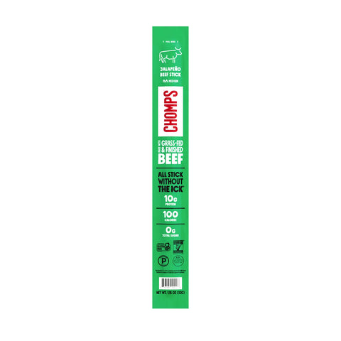 A tall, narrow green package for Chomp's Jalapeño Beef Stick, featuring white and red text on a clean white background.
