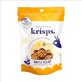 A stand-up bag of Carolyn's Krisps Maple Pecan cookie crackers, featuring a white bag with orange-yellow borders, a blue brand logo, and an illustration of the golden-brown crackers.