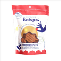A bag of Carolyn's Krisps Pomodoro Pizza dog treats on a plain white background. The packaging is white with red borders, featuring a graphic of a pizza crust with tomato and pepper details, and blue branding text.