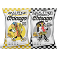 Two bags of Local Style Chicago Potato Chips on a white background. Hot Dog and Hot Giard flavors.
