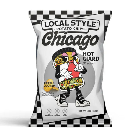 A bag of Local Style Chicago Hot Giard flavored potato chips on a white background. The packaging features a black and white checkered top and bottom border, bold black text,.